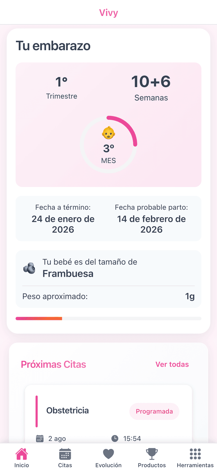 Interfaz de la app Vivy - Dashboard principal del embarazo